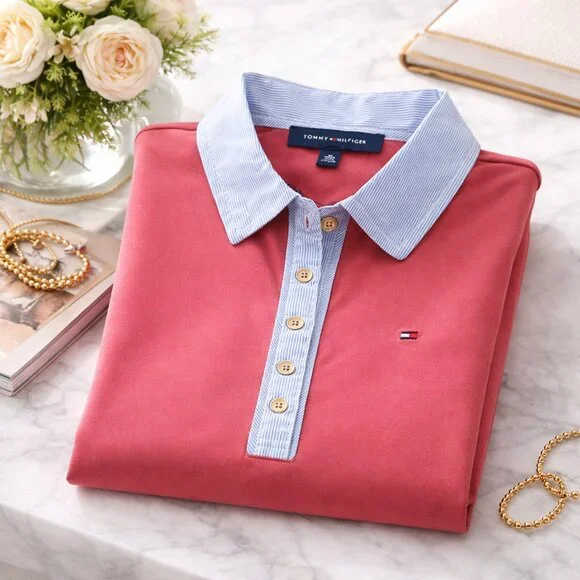 Tommy Hilfiger Rusty Coral Polo - Golf Shirt Pinstripe Collar Preppy XS NWT - Picture 3 of 8